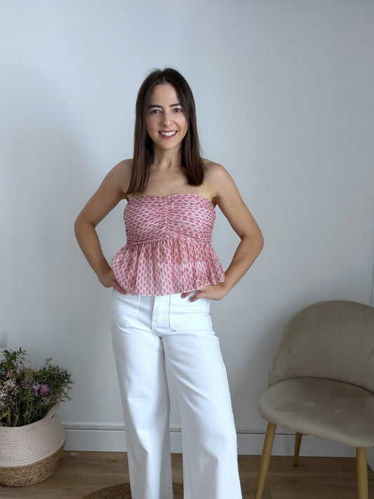 Top volante estampado rosa