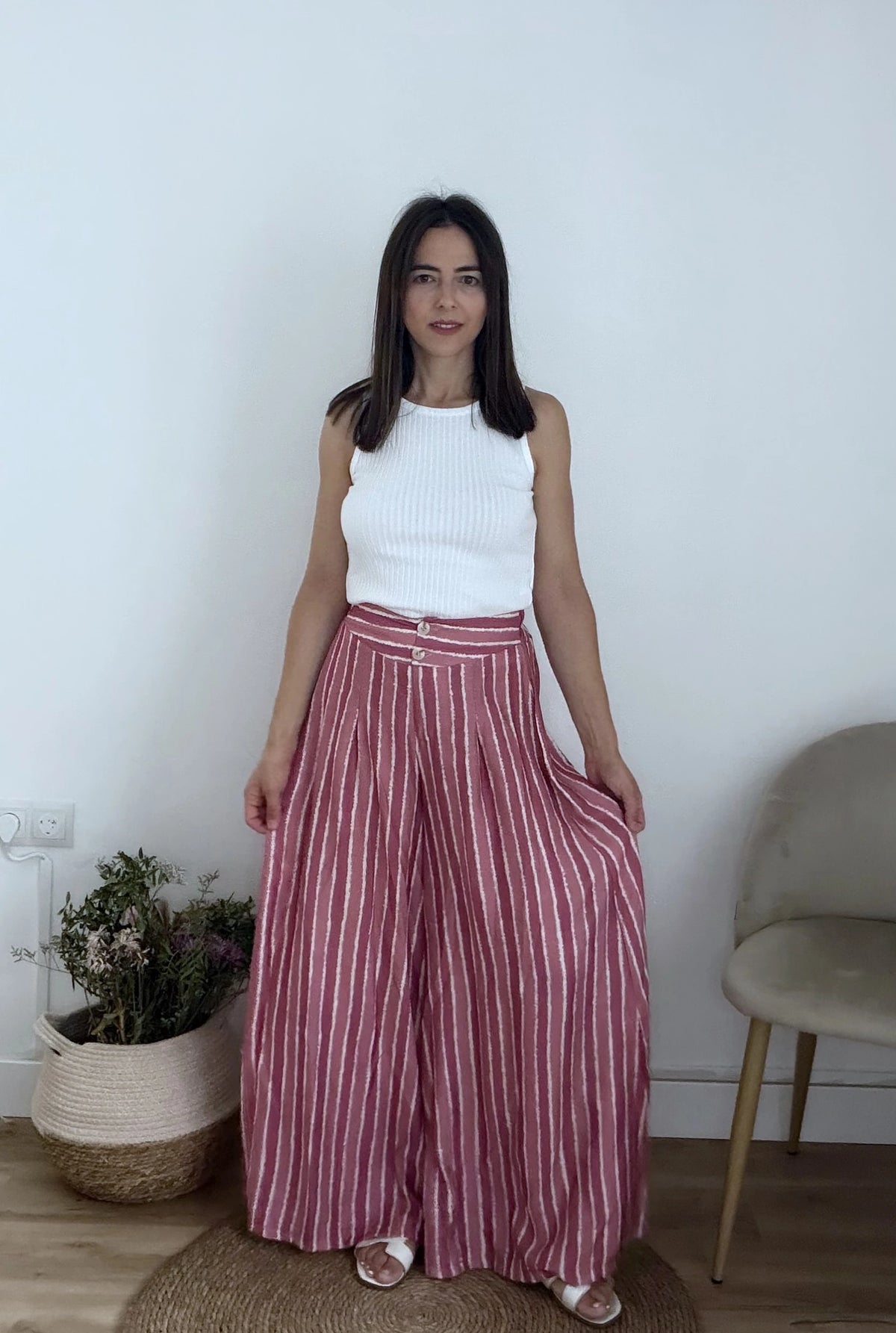 Pantalón fluido rayas rosas