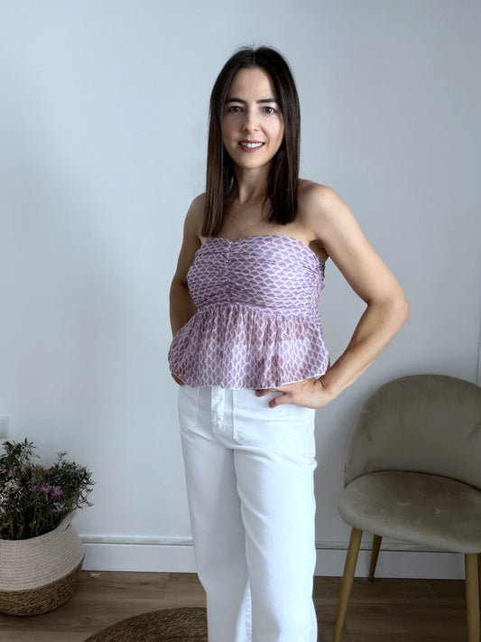 Top volante estampado morado