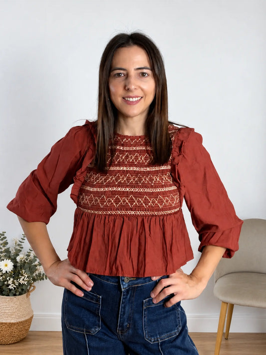 Blusa bordada teja